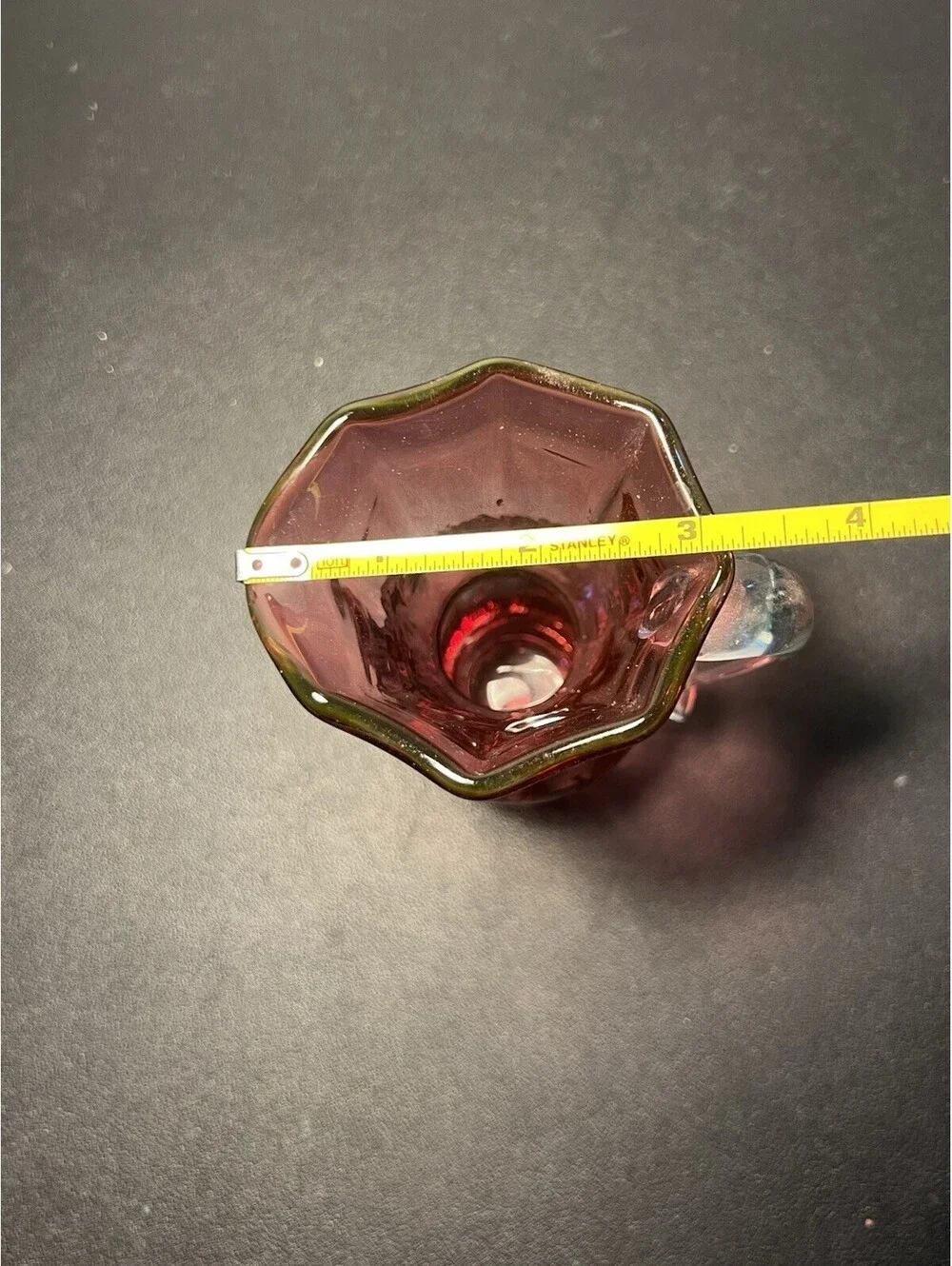 Pilgrim Glass 1970s Pitcher Hand-Blown Cranberry Glass Clear Handle, 3x5.5”